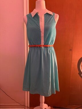 Cremieux Sleeveless Pleated Shirt Dress Size S Teal White Collared Belted